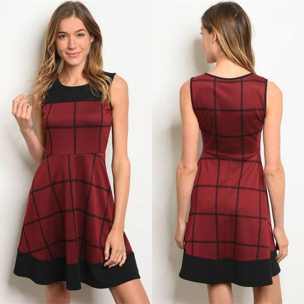 PROMOTION PLAID SKATER DRESS in dark cherry red